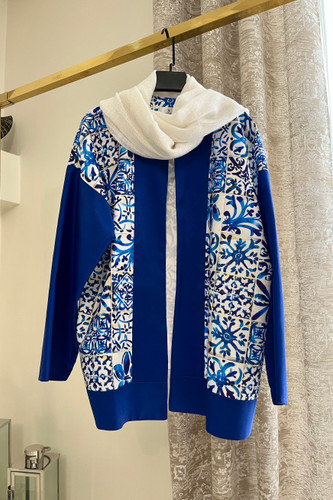 کت زنانه کرپ طرحدار و تافته یقه گرد رنگ آبی | crepe blazer