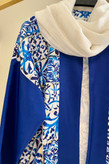 خرید کت زنانه کرپ طرحدار و تافته یقه گرد رنگ آبی مناسب مهمانی و استایل روزمره | elegant jacket